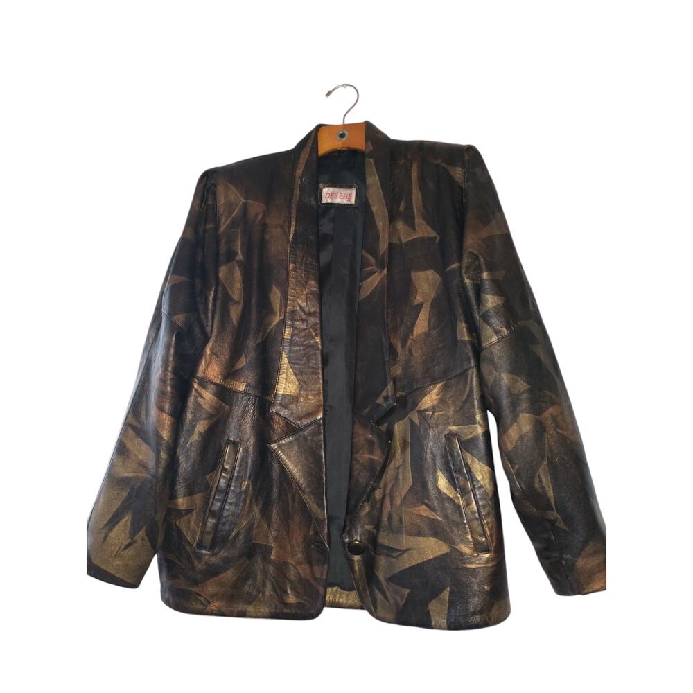 Vtg Women's Genuine Leather Oversize Jacket Medium Brown Gold Maximalist Unique